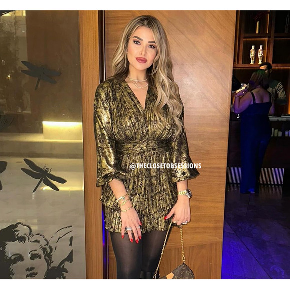 ZARA Metallic V-Neck Pleated Mini Dress NWT | Gold Long Sleeve (M) - Picture 6 of 16